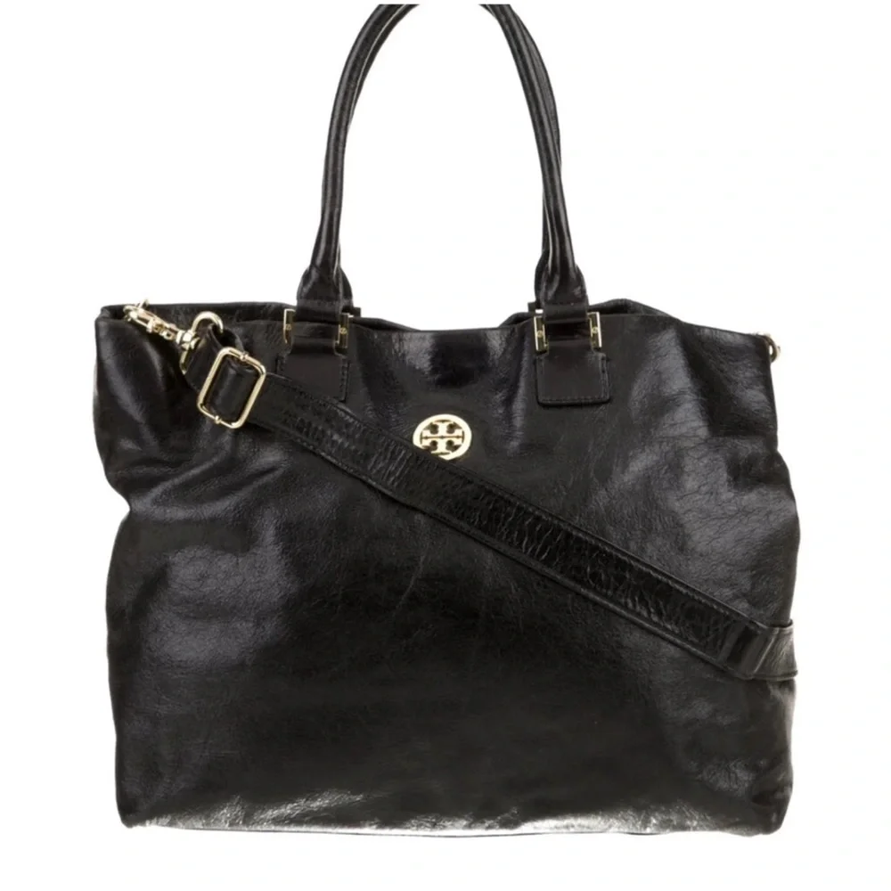 Tory Burch Black Leather Tote with Gold Logo Accent